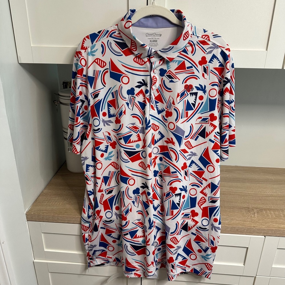 Good Good Golf Polo Mens XL Festive Red White Blue Geometric Fighting Par Shirt
